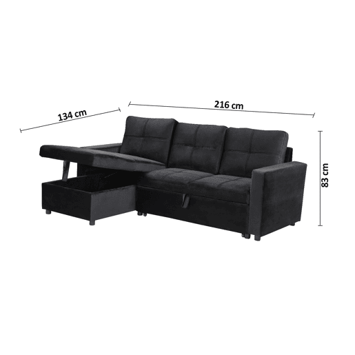 Sofá Cama C Baú e Chaise Longue PAU 215x135CM 3 Lugares Veludo Preto