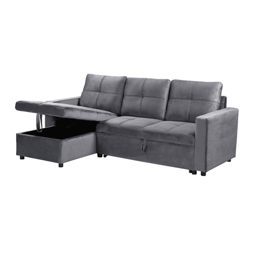 Sofá Cama C Baú e Chaise Longue PAU 215x135CM 3 Lugares Veludo Cinzento