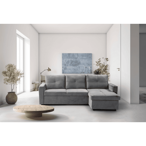 Sofá Cama C Baú e Chaise Longue PAU 215x135CM 3 Lugares Veludo Cinzento