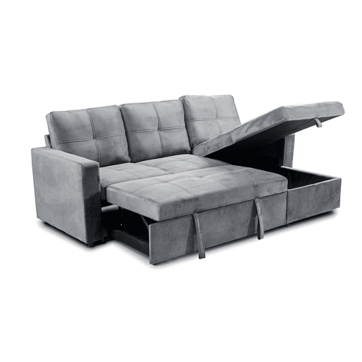 Sofá Cama C Baú e Chaise Longue PAU 215x135CM 3 Lugares Veludo Cinzento