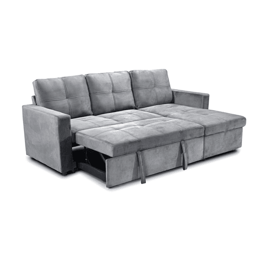 Sofá Cama C Baú e Chaise Longue PAU 215x135CM 3 Lugares Veludo Cinzento
