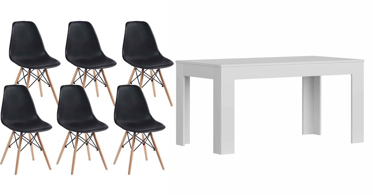 mesa de comedor o cocina blanco  6 sillas estilo nordico negro