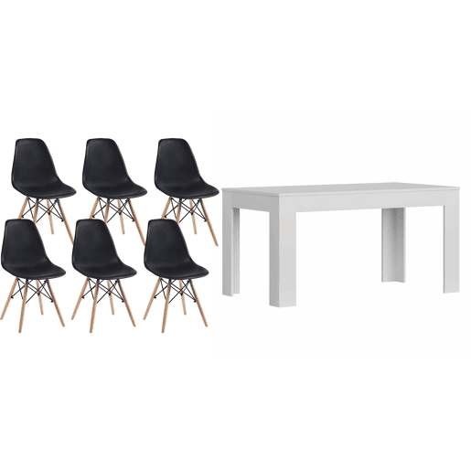Mesa de jantar ou cozinha branca + 6 cadeiras pretas estilo nórdico