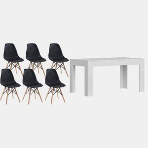 Mesa de jantar ou cozinha branca + 6 cadeiras pretas estilo nórdico