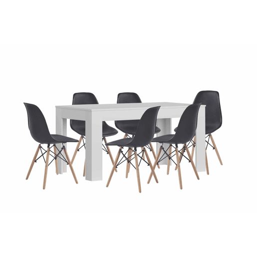 Mesa de jantar ou cozinha branca + 6 cadeiras pretas estilo nórdico