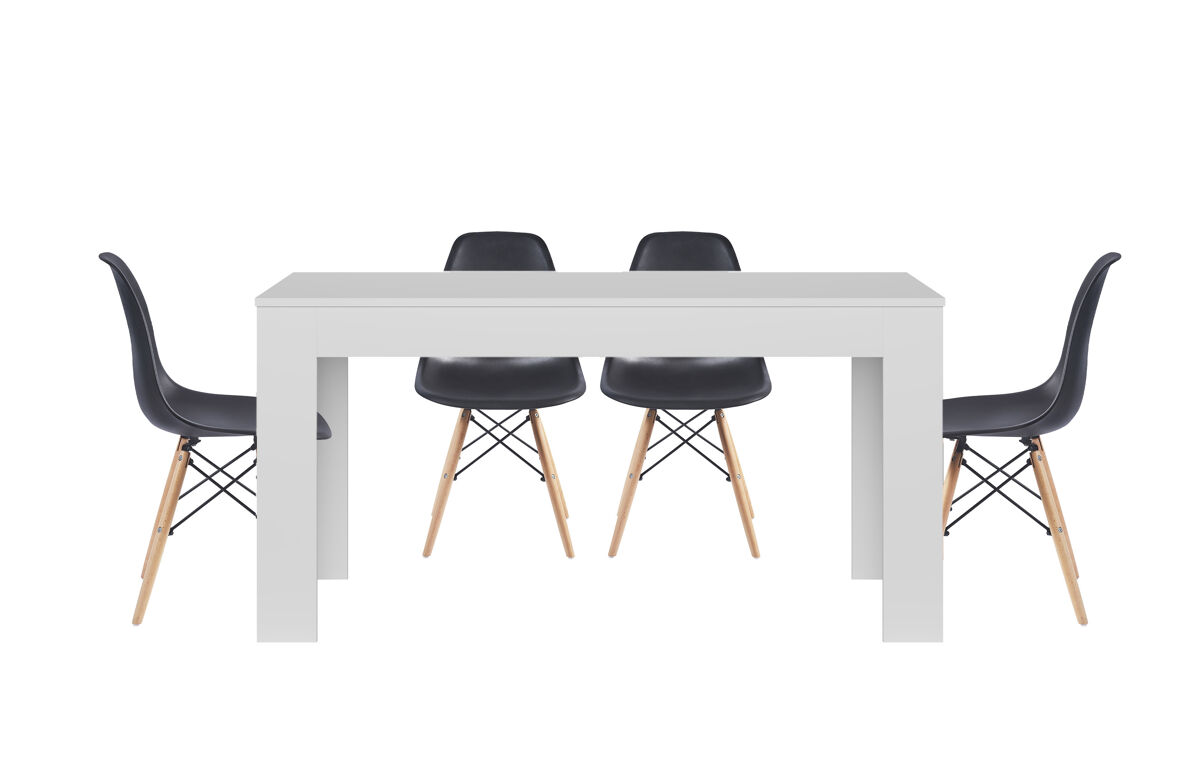 mesa de comedor o cocina blanco  4 sillas estilo nordico negro