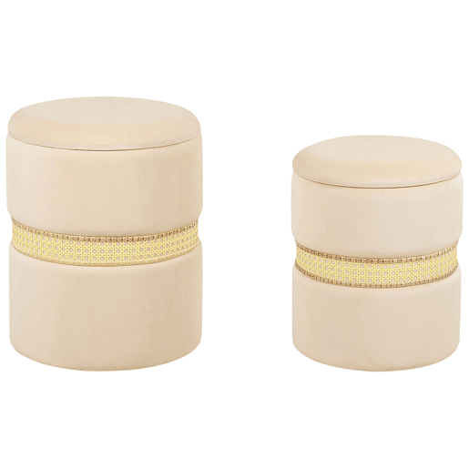 Conjunto de 2 tamboretes com arrumação MEDFORD Veludo Creme 3034 cm 3034 cm 3843 cm