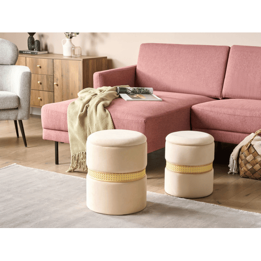 Conjunto de 2 tamboretes com arrumação MEDFORD Veludo Creme 3034 cm 3034 cm 3843 cm