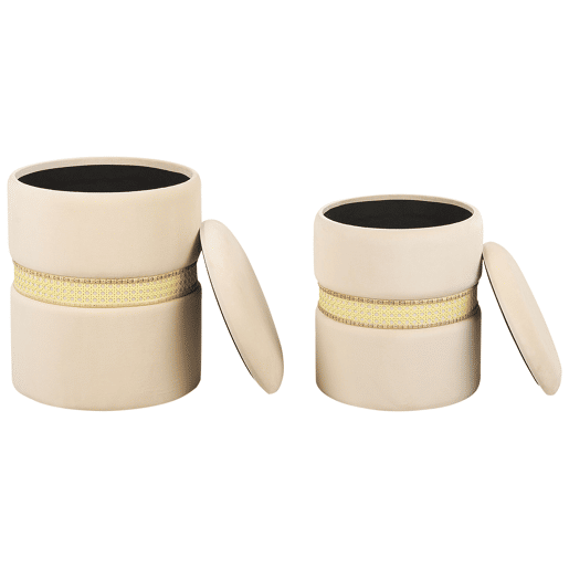 Conjunto de 2 tamboretes com arrumação MEDFORD Veludo Creme 3034 cm 3034 cm 3843 cm