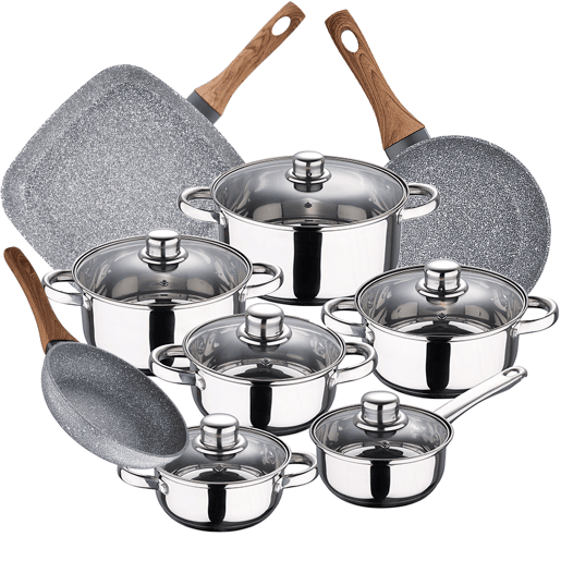 Bateria de cozinha 12 peças Cassel em aço inoxidável com jogo de remendo (1820 cm) com churrasqueira 28x28 cm Daimiel em alumini