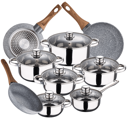 Bateria de cozinha 12 peças de cassel em aço inoxidável com jogo de início (222426 cm) Daimiel em alumínio forjado