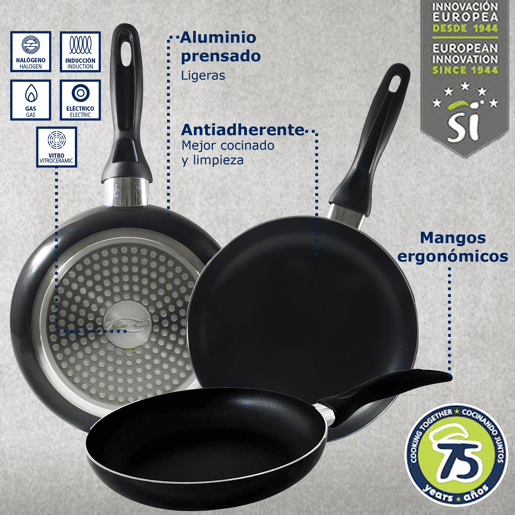Bateria 7 peças S.IGNACIO FARO y Conjunto 3 panelas Ø16Ø20Ø24 cm preto, alumínio pressionado, inútil, indução Bateria 7 peças S.IGNACIO FARO y Conjunto 3 panelas Ø16Ø20Ø24 cm preto, alumínio pressionado, inútil, indução