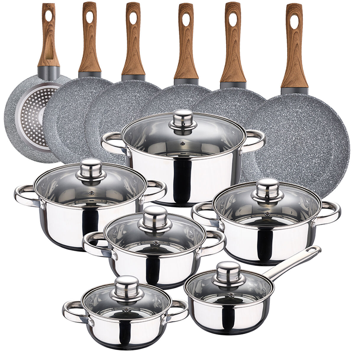 Bateria de cocina 12 piezas  cassel en acero inoxidable con juego de sartenes (18/20/22/24/26/28 cm)  daimiel en aluminio forjad