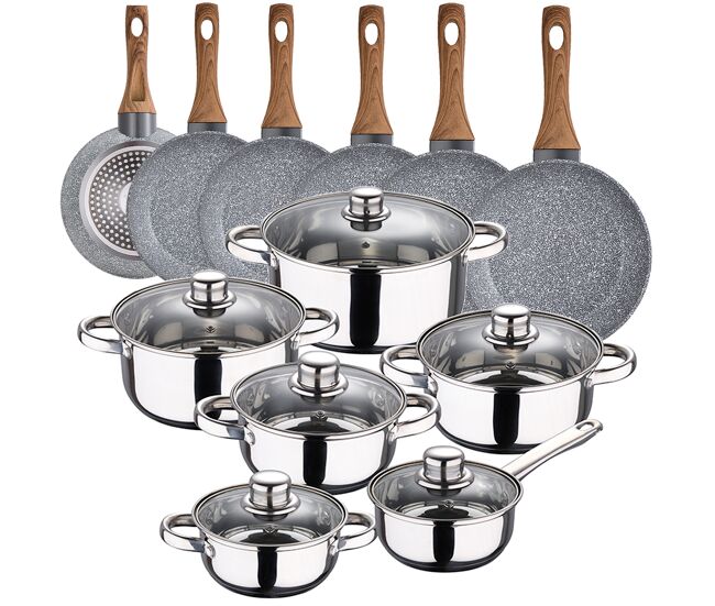 Bateria de cocina 12 piezas cassel en acero inoxidable con juego de sartenes (18/20/22/24/26/28 cm) daimiel en aluminio forjad