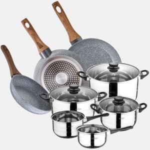Bateria de cozinha 8 peças em aço inoxidável com jogo de patch (22,26,28 cm) na coleção de Daimiel de alumínio forjado