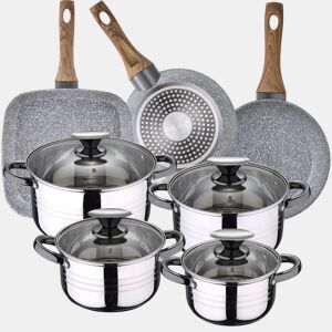 Bateria de cozinha 8 peças aço inoxidável com panorâmica (1822 cm) e churrasqueira 28x28 cm Daimiel em alumínio forj