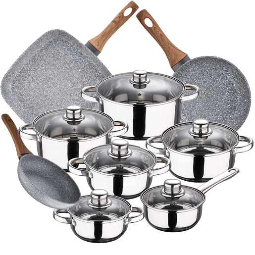 Bateria de cozinha 12 peças Cassel em aço inoxidável com jogo de panelas (1822 cm) e churrasqueira 28x28 cm Daimiel em alumínio F Bateria de cozinha 12 peças Cassel em aço inoxidável com jogo de panelas (1822 cm) e churrasqueira 28x28 cm Daimiel em alumínio F