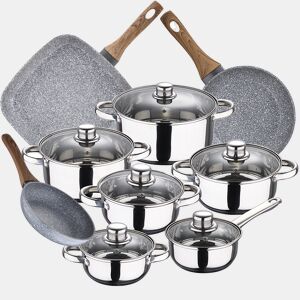 Bateria de cozinha 12 peças Cassel em aço inoxidável com jogo de panelas (1822 cm) e churrasqueira 28x28 cm Daimiel em alumínio F
