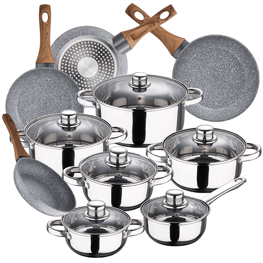 Bateria de cozinha 12 peças Cassel em aço inoxidável com panorâmica (20242628 cm) de granito em alumínio forjado