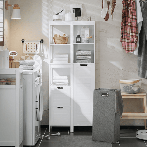 SoBuy BZR123-W Móvel de casa de banho alto com 1 cesto para roupa suja e 2 prateleiras