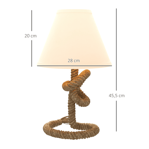 HOMCOM Candeeiro de Mesa LED Candeeiro de Mesa de Cabeceira com Base de Metal Corda de Linho e Ecrã de Tecido Suporte para Lâmpada E27 Máx. 40W Luzes Branco Quente para Dormitório Ø28x45,5 cm Marrom e Bege