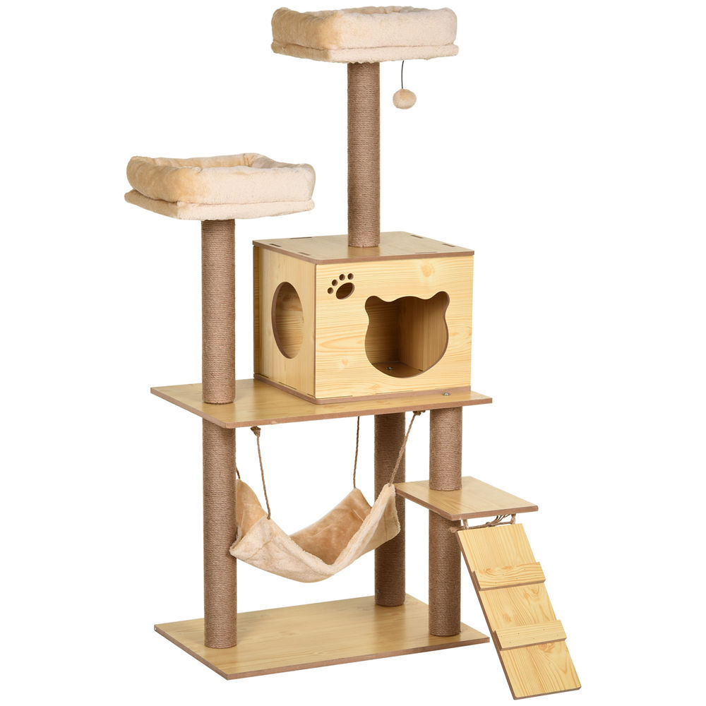 Pawhut árbol rascador para gatos altura 130 cm torre para gatos con postes rascadores de yute 2 camas hamaca cueva bola colgante y rampa 60x40x130 cm natural
