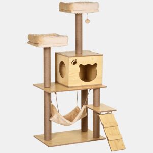 PawHut Arranhador para Gatos Altura 130 cm Torre para Gatos com Poste de Arranhar de Juta 2 Camas Rede Caverna Bola Suspensa Rede e Rampa 60x40x130 cm Madeira