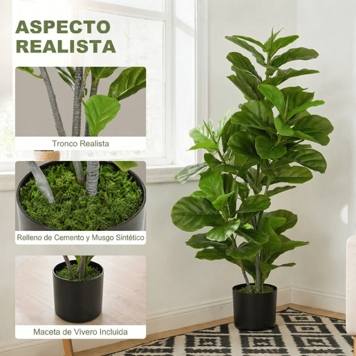 HOMCOM Planta Artificial Ficus 110 cm Planta Artificial com 90 Folhas Musgo e Vaso Planta Artificial Decorativa para Interior e Exterior Casa Sala de Estar Verde