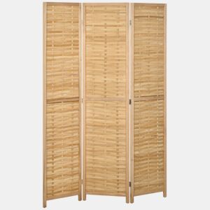 HOMCOM Biombo de 3 Paineis Separador de Ambientes Dobrável 120x1,8x170 cm Divisor de Ambientes com Padrão Tecido em Bambu Estilo Rústico para Escritório Dormitório Sala de Estar Madeira