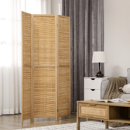 HOMCOM Biombo de 3 Paineis Separador de Ambientes Dobrável 120x1,8x170 cm Divisor de Ambientes com Padrão Tecido em Bambu Estilo Rústico para Escritório Dormitório Sala de Estar Madeira