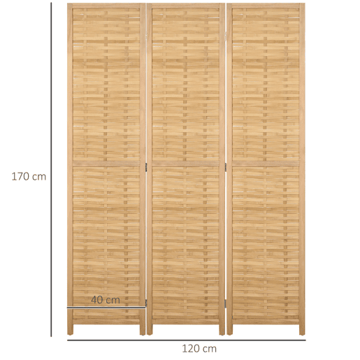 HOMCOM Biombo de 3 Paineis Separador de Ambientes Dobrável 120x1,8x170 cm Divisor de Ambientes com Padrão Tecido em Bambu Estilo Rústico para Escritório Dormitório Sala de Estar Madeira