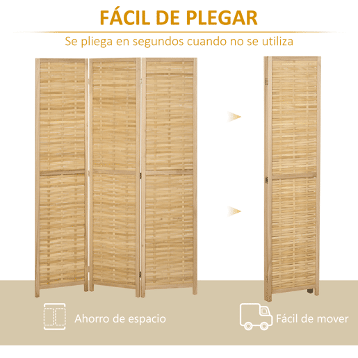 HOMCOM Biombo de 3 Paineis Separador de Ambientes Dobrável 120x1,8x170 cm Divisor de Ambientes com Padrão Tecido em Bambu Estilo Rústico para Escritório Dormitório Sala de Estar Madeira