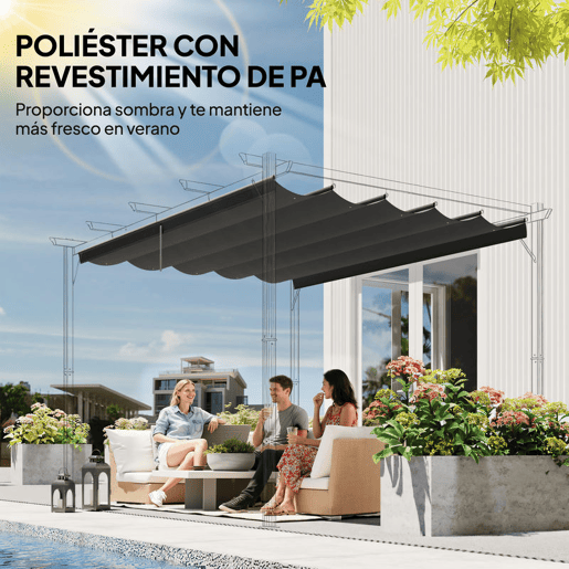 Outsunny Telhado para Pérgola 3,5x2,6 m, Cobertura de Substituição Retrátil para Estrutura de Pérgola 4x3 m, UV30+, Tecido Apenas para Pérgola de Jardim com 10 Orifícios de Drenagem, Cinzento Escuro