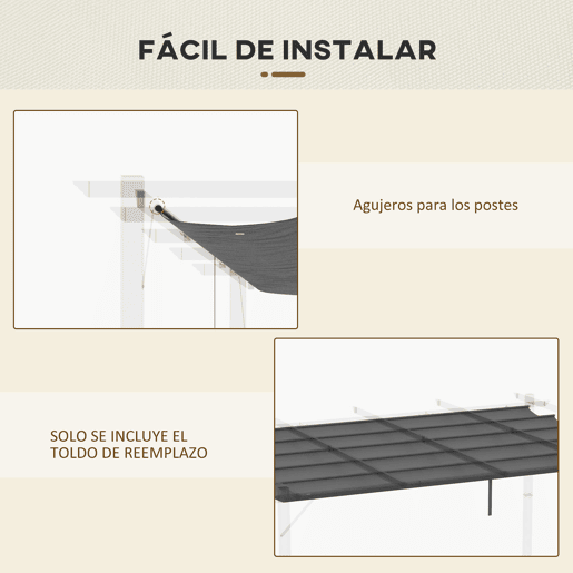 Outsunny Telhado para Pérgola 3,5x2,6 m, Cobertura de Substituição Retrátil para Estrutura de Pérgola 4x3 m, UV30+, Tecido Apenas para Pérgola de Jardim com 10 Orifícios de Drenagem, Cinzento Escuro