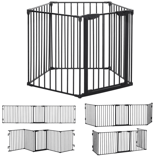 PawHut Barreira de Segurança para Animais de Estimação Barreira Dobrável de 5 Painéis com Fechadura Inteligente para Corredor Escada 300x74,5 cm Preto
