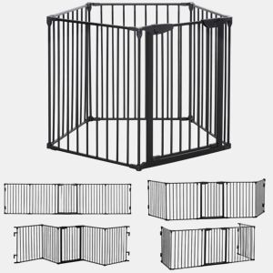 PawHut Barreira de Segurança para Animais de Estimação Barreira Dobrável de 5 Painéis com Fechadura Inteligente para Corredor Escada 300x74,5 cm Preto