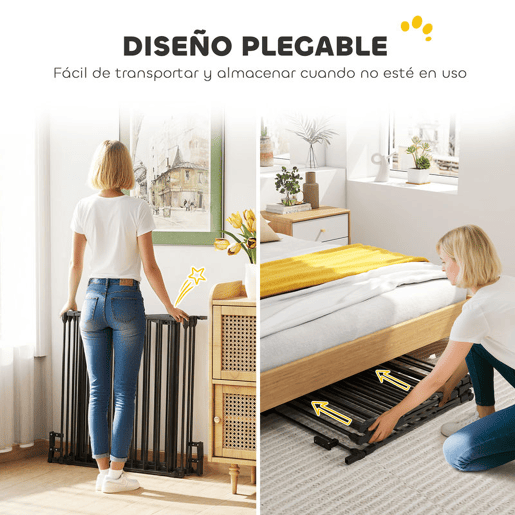 PawHut Barreira de Segurança para Animais de Estimação Barreira Dobrável de 5 Painéis com Fechadura Inteligente para Corredor Escada 300x74,5 cm Preto