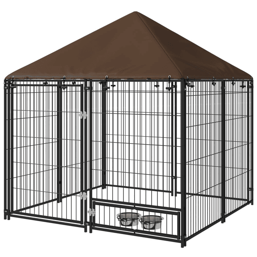 PawHut Parque para Cães com Toldo Canil para Exterior com Suporte Giratório para Comida 2 Tigelas Incluídas 141x141x151 cm Preto Marrom PawHut Parque para Cães com Toldo Canil para Exterior com Suporte Giratório para Comida 2 Tigelas Incluídas 141x141x151 cm Preto Marrom