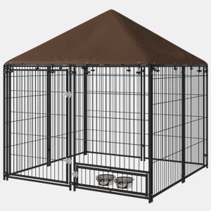 PawHut Parque para Cães com Toldo Canil para Exterior com Suporte Giratório para Comida 2 Tigelas Incluídas 141x141x151 cm Preto Marrom