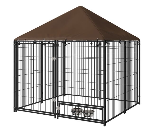 Pawhut perrera con toldo parque para perros metálica de exterior con soporte giratorio para comida 2 cuencos para patio jardín terraza 141x141x151 cm negro