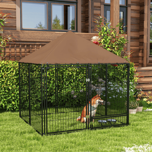 PawHut Parque para Cães com Toldo Canil para Exterior com Suporte Giratório para Comida 2 Tigelas Incluídas 141x141x151 cm Preto Marrom PawHut Parque para Cães com Toldo Canil para Exterior com Suporte Giratório para Comida 2 Tigelas Incluídas 141x141x151 cm Preto Marrom