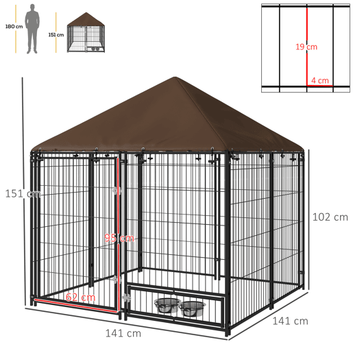 PawHut Parque para Cães com Toldo Canil para Exterior com Suporte Giratório para Comida 2 Tigelas Incluídas 141x141x151 cm Preto Marrom PawHut Parque para Cães com Toldo Canil para Exterior com Suporte Giratório para Comida 2 Tigelas Incluídas 141x141x151 cm Preto Marrom