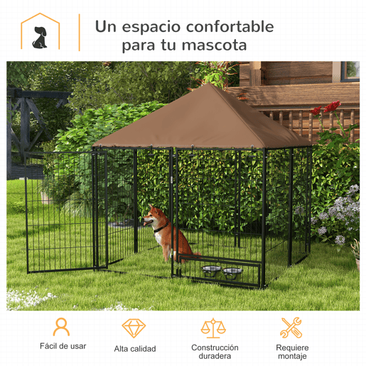 PawHut Parque para Cães com Toldo Canil para Exterior com Suporte Giratório para Comida 2 Tigelas Incluídas 141x141x151 cm Preto Marrom PawHut Parque para Cães com Toldo Canil para Exterior com Suporte Giratório para Comida 2 Tigelas Incluídas 141x141x151 cm Preto Marrom