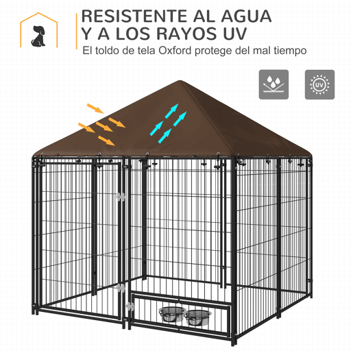 PawHut Parque para Cães com Toldo Canil para Exterior com Suporte Giratório para Comida 2 Tigelas Incluídas 141x141x151 cm Preto Marrom PawHut Parque para Cães com Toldo Canil para Exterior com Suporte Giratório para Comida 2 Tigelas Incluídas 141x141x151 cm Preto Marrom