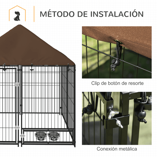 PawHut Parque para Cães com Toldo Canil para Exterior com Suporte Giratório para Comida 2 Tigelas Incluídas 141x141x151 cm Preto Marrom PawHut Parque para Cães com Toldo Canil para Exterior com Suporte Giratório para Comida 2 Tigelas Incluídas 141x141x151 cm Preto Marrom