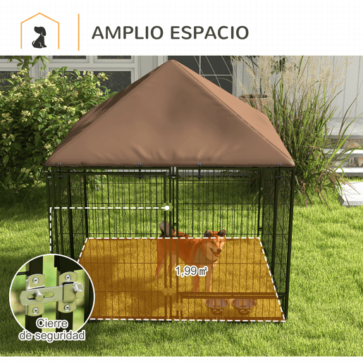 PawHut Parque para Cães com Toldo Canil para Exterior com Suporte Giratório para Comida 2 Tigelas Incluídas 141x141x151 cm Preto Marrom PawHut Parque para Cães com Toldo Canil para Exterior com Suporte Giratório para Comida 2 Tigelas Incluídas 141x141x151 cm Preto Marrom