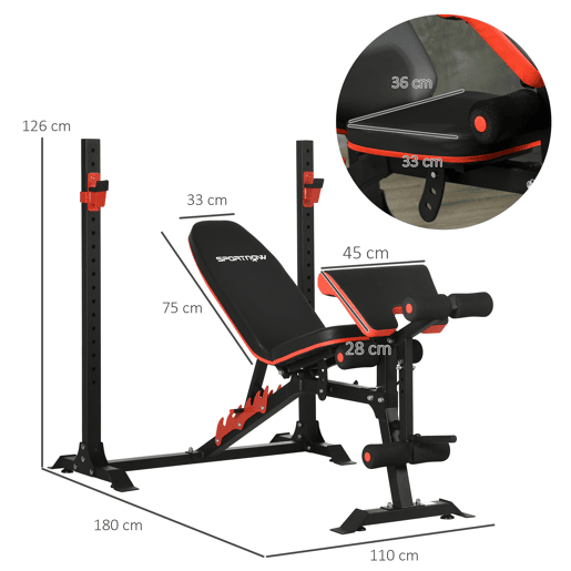 SPORTNOW Banco de Musculação Multifuncional Banco de Pesos com Encosto Reclinável e Suporte de Barras Ajustável para Treino de Abdominal Pernas Braços e Peitoral Carga 150 kg 180x110x126 cm Preto