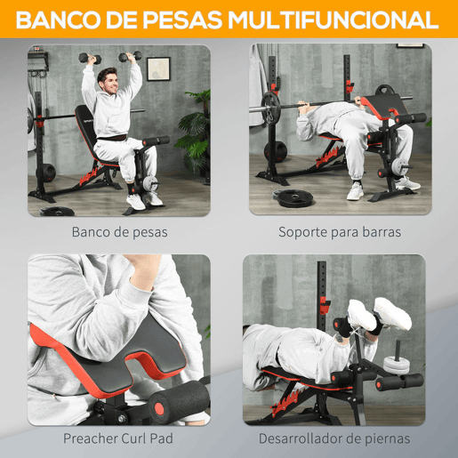 SPORTNOW Banco de Musculação Multifuncional Banco de Pesos com Encosto Reclinável e Suporte de Barras Ajustável para Treino de Abdominal Pernas Braços e Peitoral Carga 150 kg 180x110x126 cm Preto