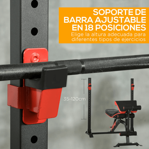 SPORTNOW Banco de Musculação Multifuncional Banco de Pesos com Encosto Reclinável e Suporte de Barras Ajustável para Treino de Abdominal Pernas Braços e Peitoral Carga 150 kg 180x110x126 cm Preto