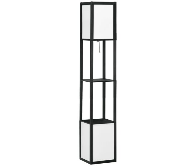Homcom lámpara de pie de madera con estante de almacenaje para bombilla e27 potencia máx. 40w lámpara moderna para salón dormitorio 26x26x156 cm negro y blanco